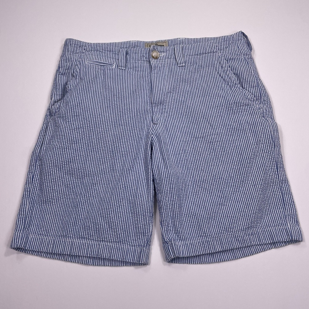 LL Bean Shorts Men's 32 Seersucker Hickory Striped 8.5" Inseam Blue 5 Pocket